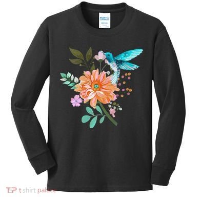 Colorful Flowers Hummingbird Kids Long Sleeve Shirt