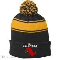 Cute & Funny I Am Unstoppable T-Rex Dinosaur Stripe Pom Pom Beanie thumb 0