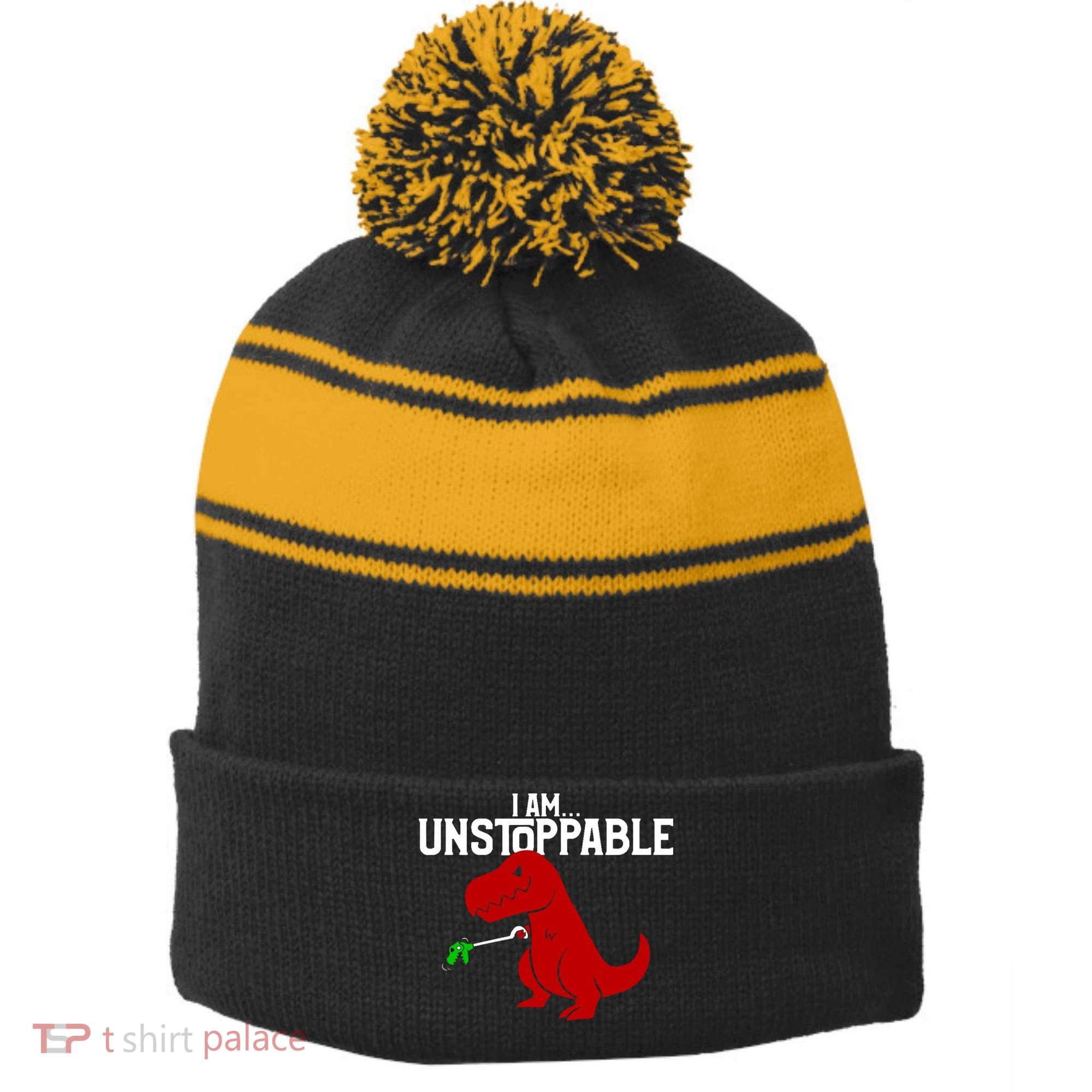 Cute & Funny I Am Unstoppable T-Rex Dinosaur Stripe Pom Pom Beanie