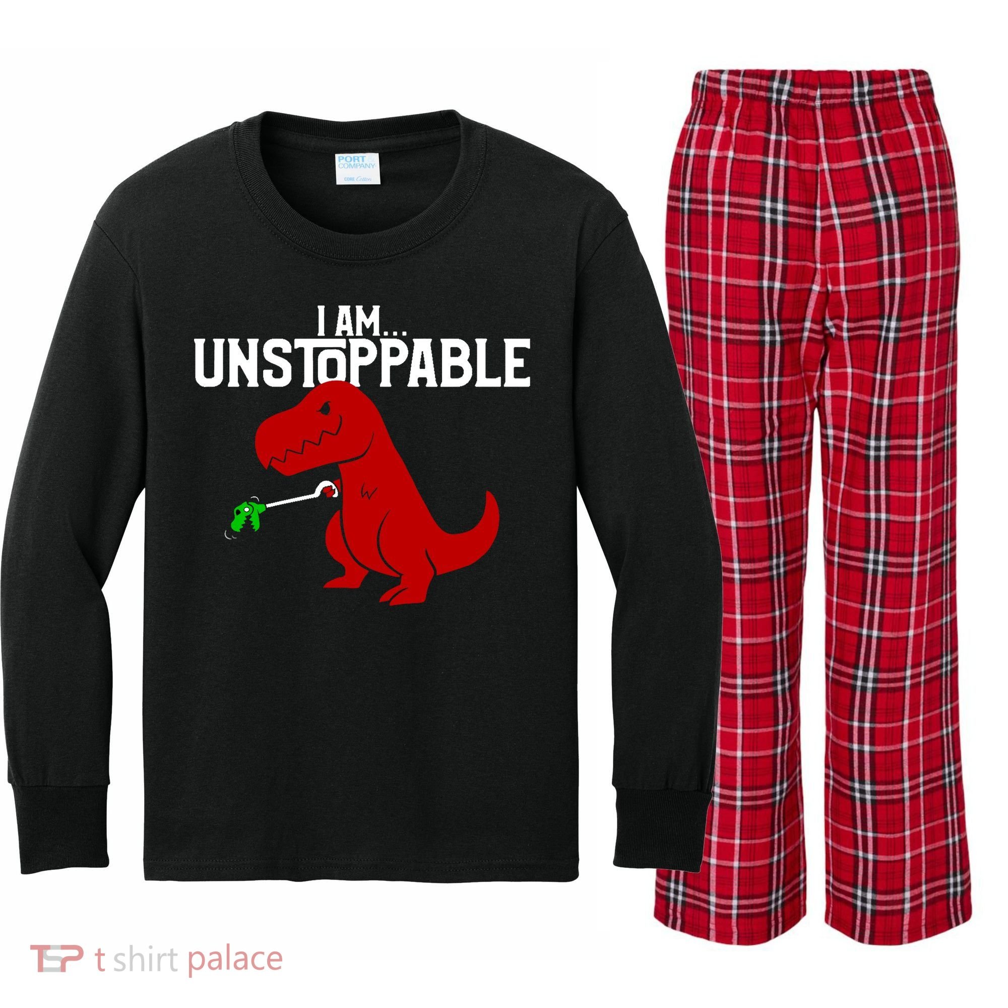 Cute & Funny I Am Unstoppable T-Rex Dinosaur Kids Long Sleeve Plaid Pajama Set
