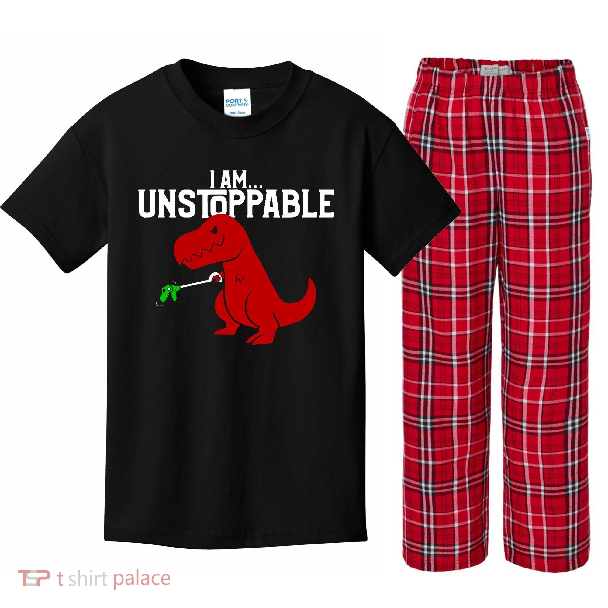 Cute & Funny I Am Unstoppable T-Rex Dinosaur Kids Plaid Pajama Set