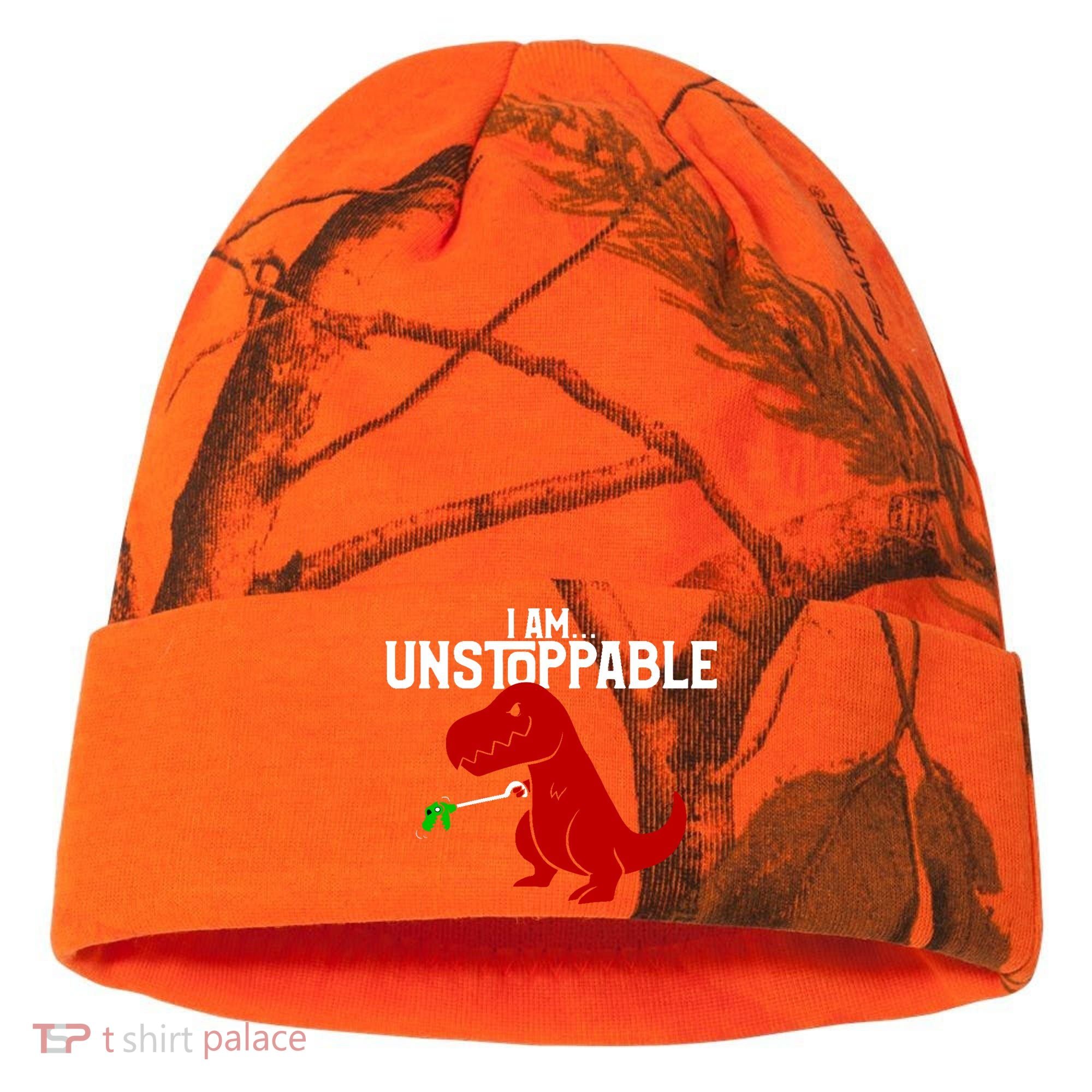 Cute & Funny I Am Unstoppable T-Rex Dinosaur Kati Licensed 12" Camo Cuffed Beanie