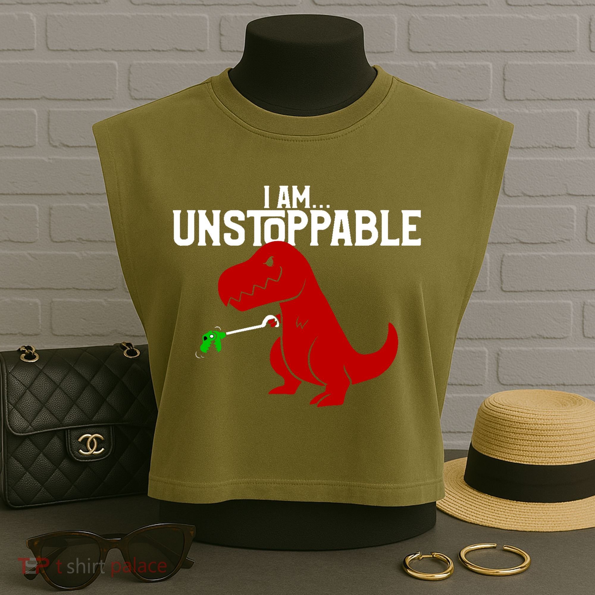 Cute & Funny I Am Unstoppable T-Rex Dinosaur Garment-Dyed Women's Muscle Tee