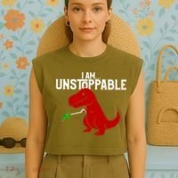 Cute & Funny I Am Unstoppable T-Rex Dinosaur Garment-Dyed Women's Muscle Tee thumb 4