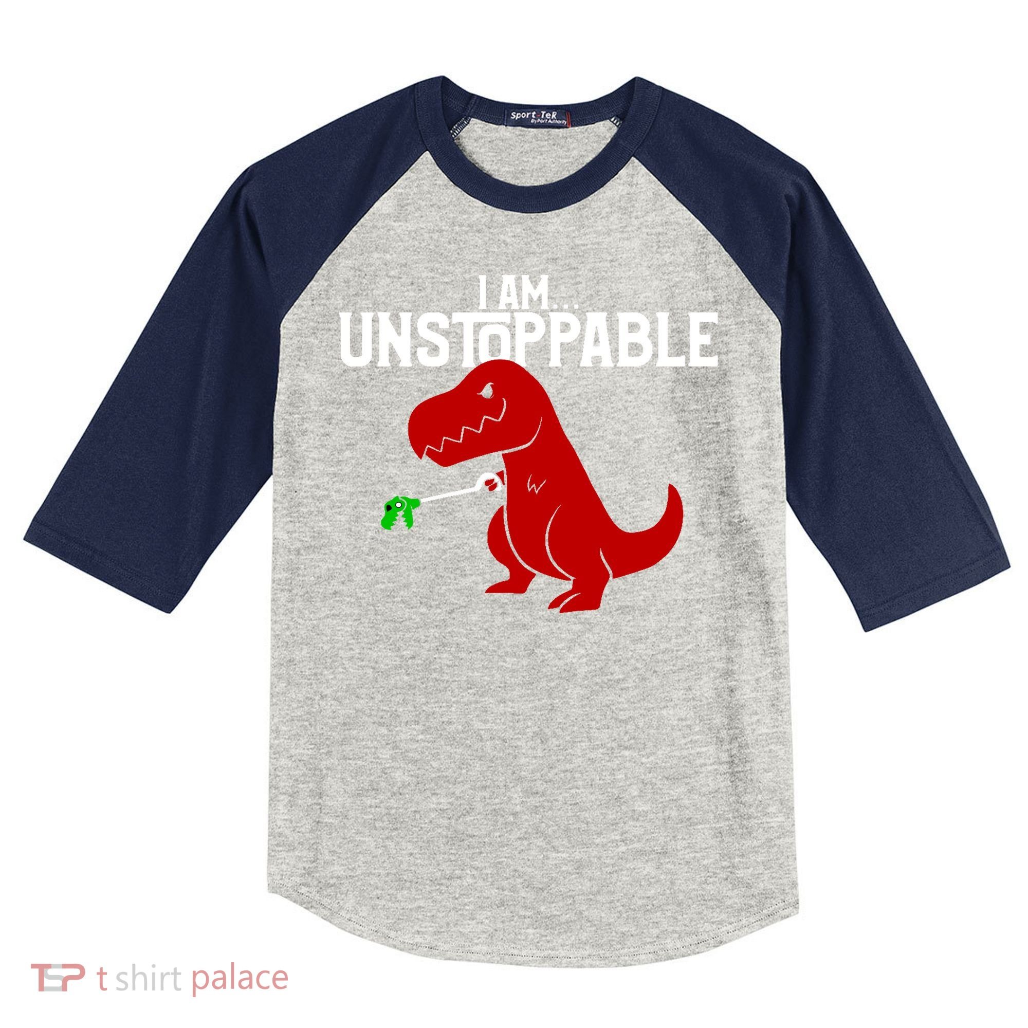 Cute & Funny I Am Unstoppable T-Rex Dinosaur Kids Colorblock Raglan Jersey