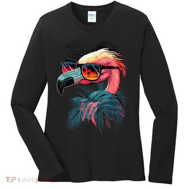 Cute Flamingo in Sunglasses Retro Vintage Funny Beach Summer Women's Long Sleeve Shirt