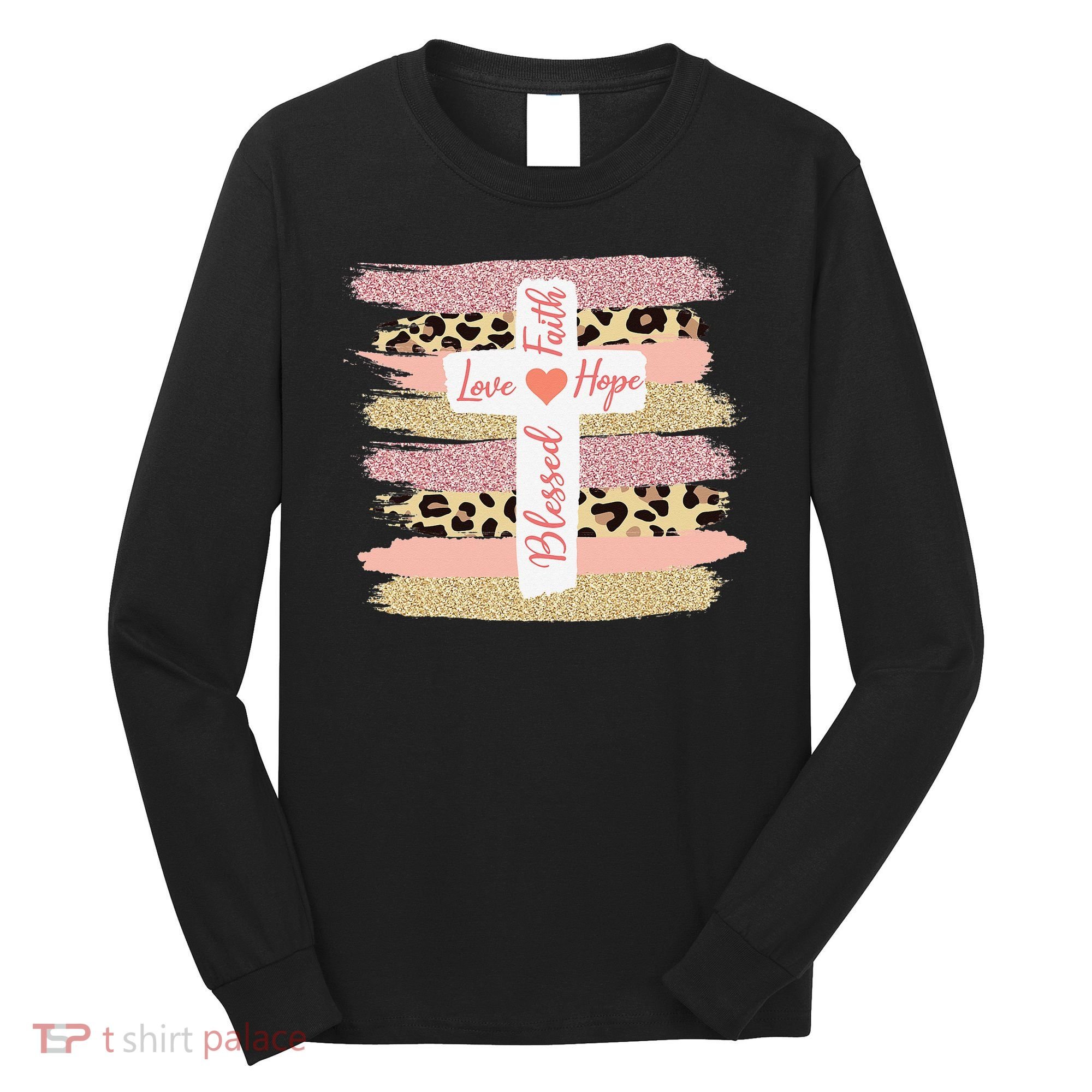 Christian Faith Love Hope Blessed Cross Cheetah Ombre Long Sleeve Shirt