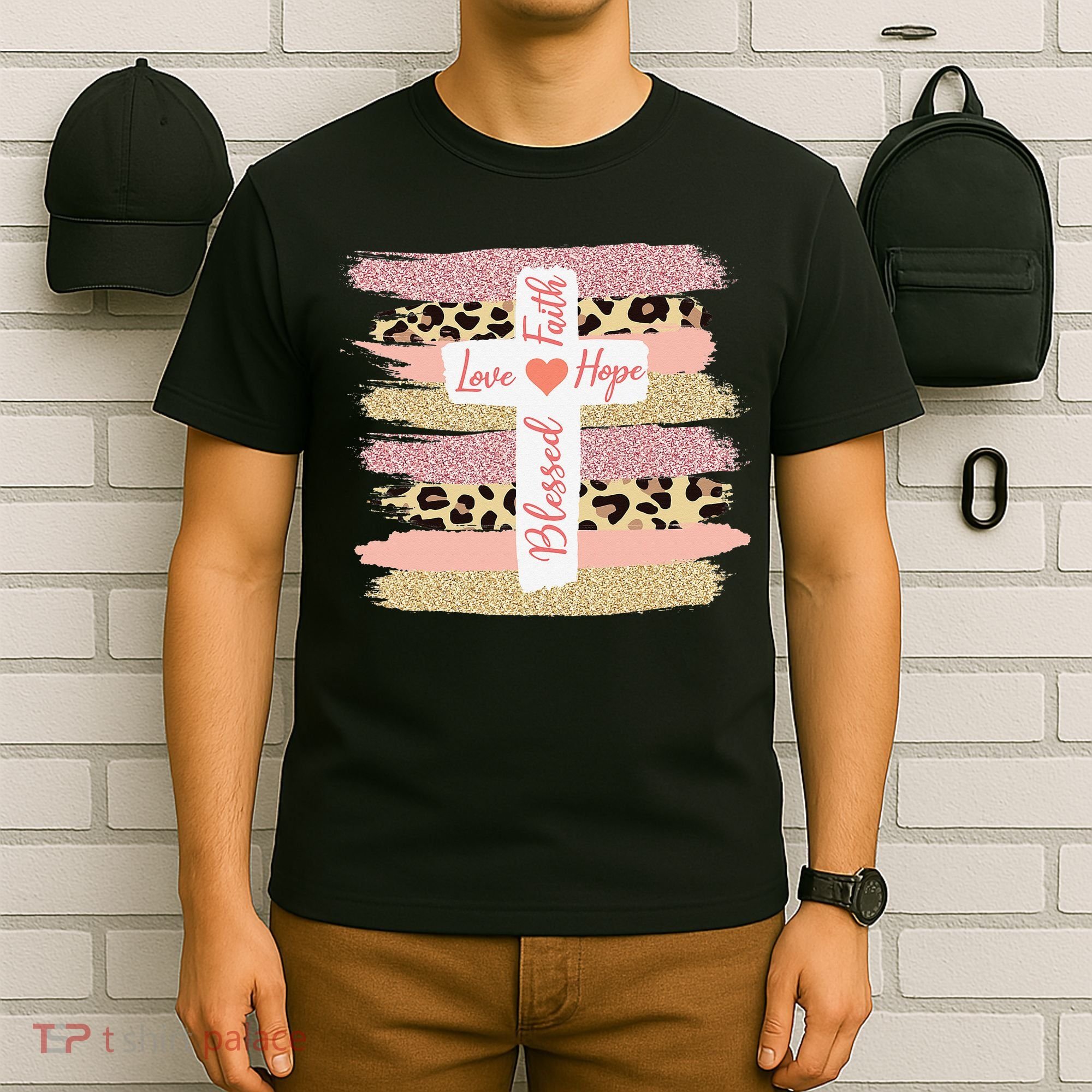 Christian Faith Love Hope Blessed Cross Cheetah Ombre T-Shirt