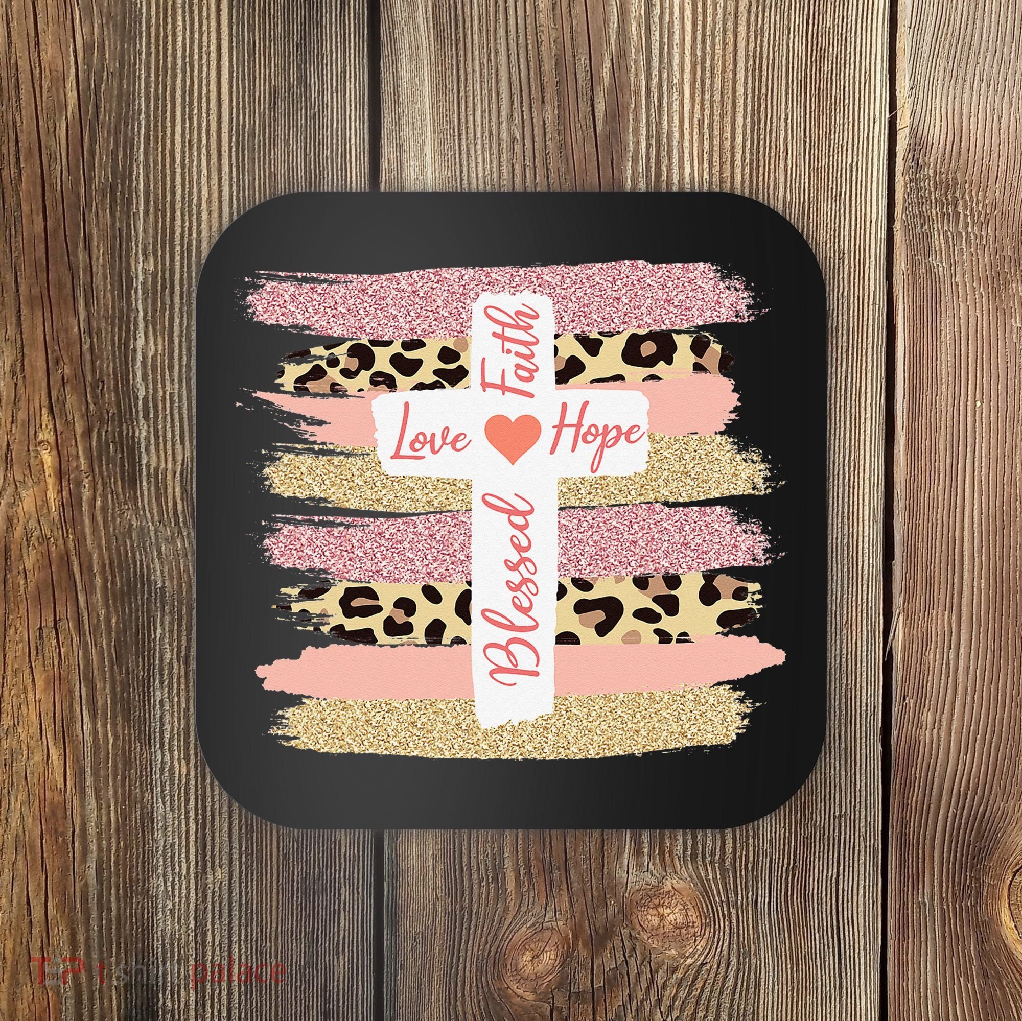 Christian Faith Love Hope Blessed Cross Cheetah Ombre Coaster