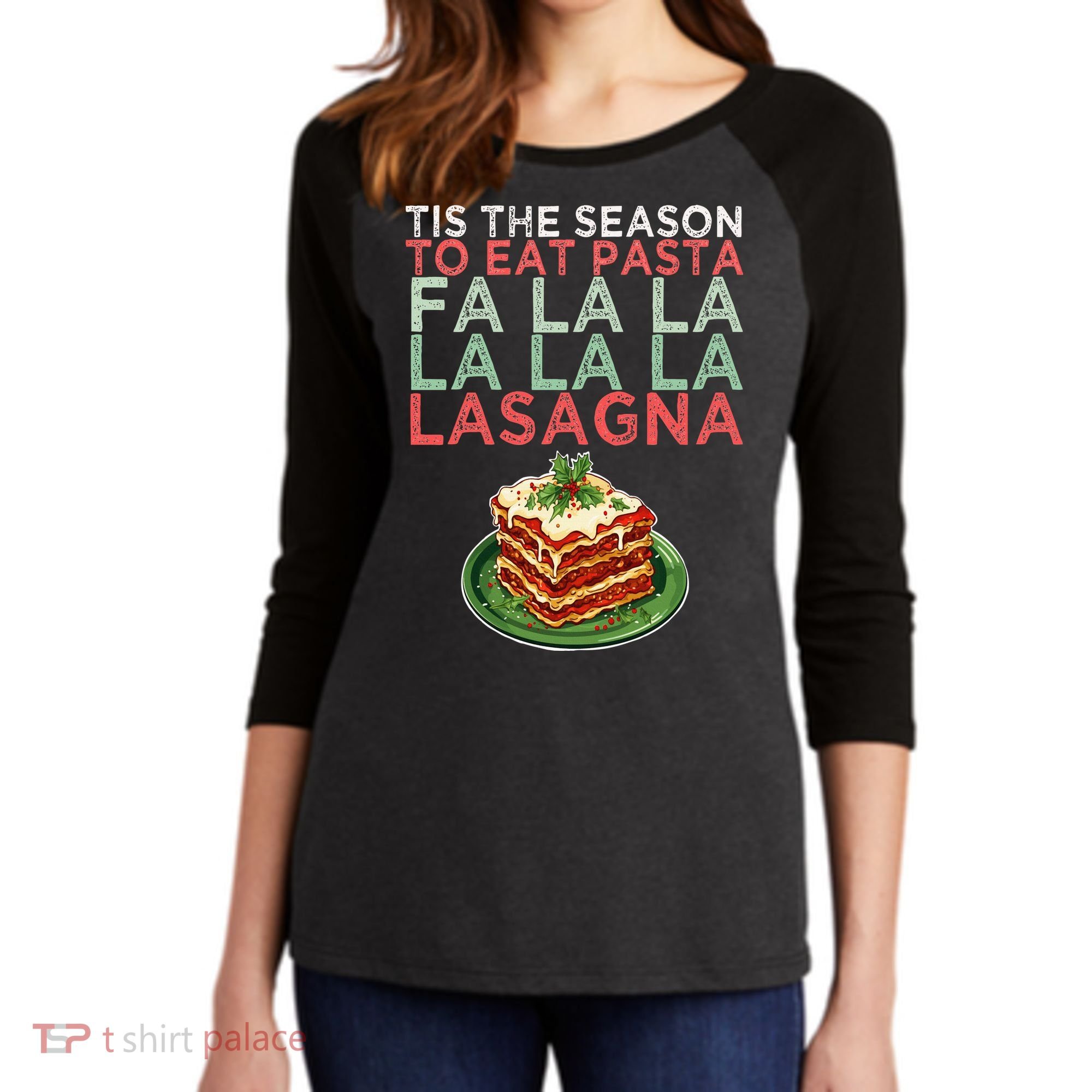 Christmas Fa la Lasagna Pasta Holidays Women's Tri-Blend 3/4-Sleeve Raglan Shirt