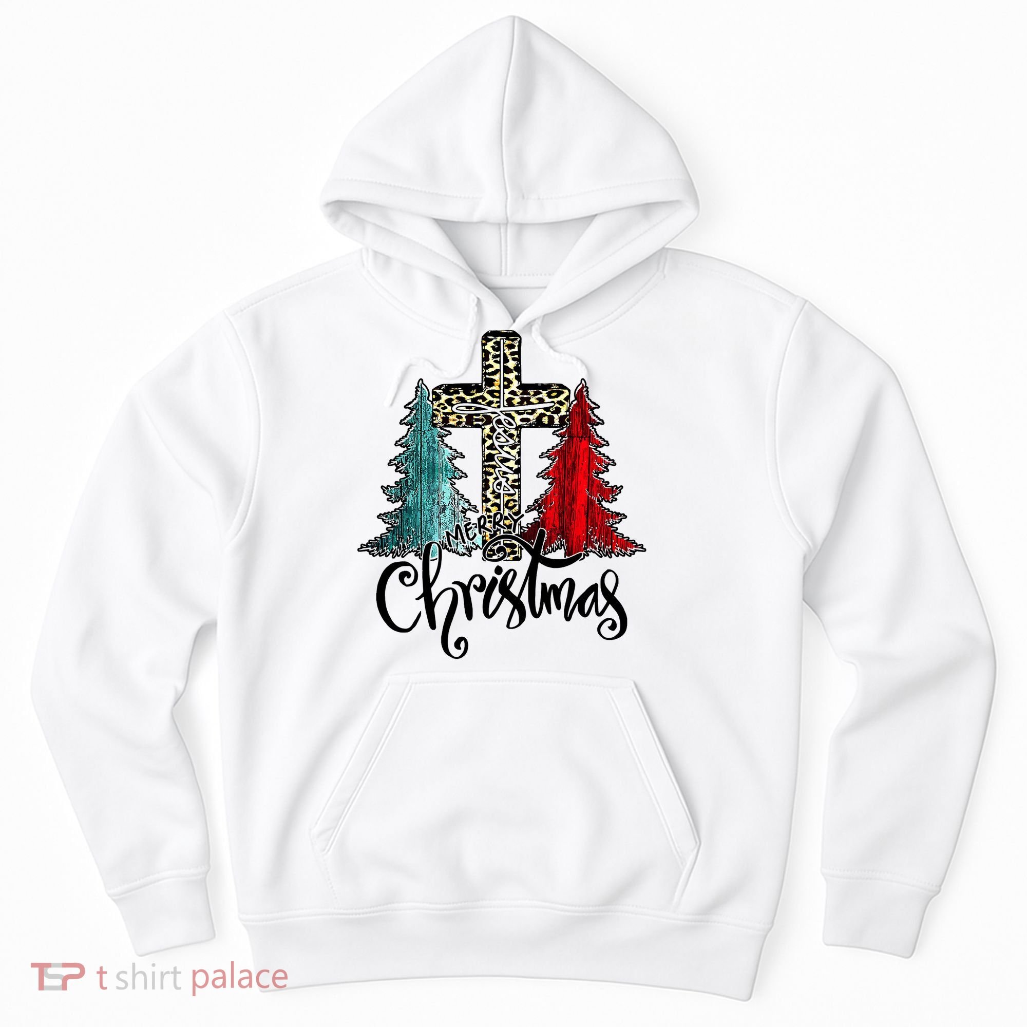 Christian Funny Merry Christmas Tree Jesus Cross Cheetah Hoodie