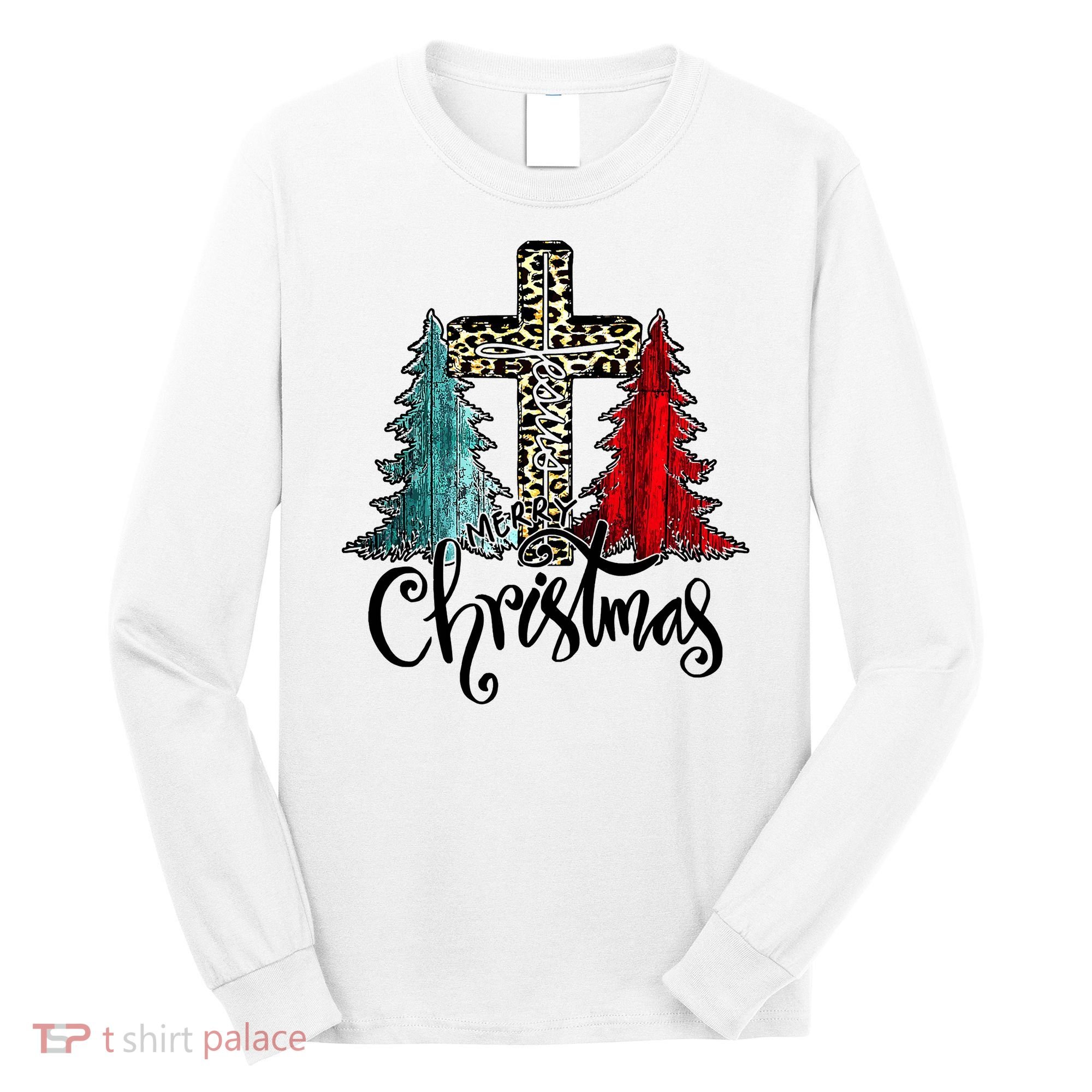 Christian Funny Merry Christmas Tree Jesus Cross Cheetah Long Sleeve Shirt