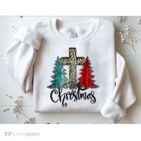 Christian Funny Merry Christmas Tree Jesus Cross Cheetah Sweatshirt thumb 2