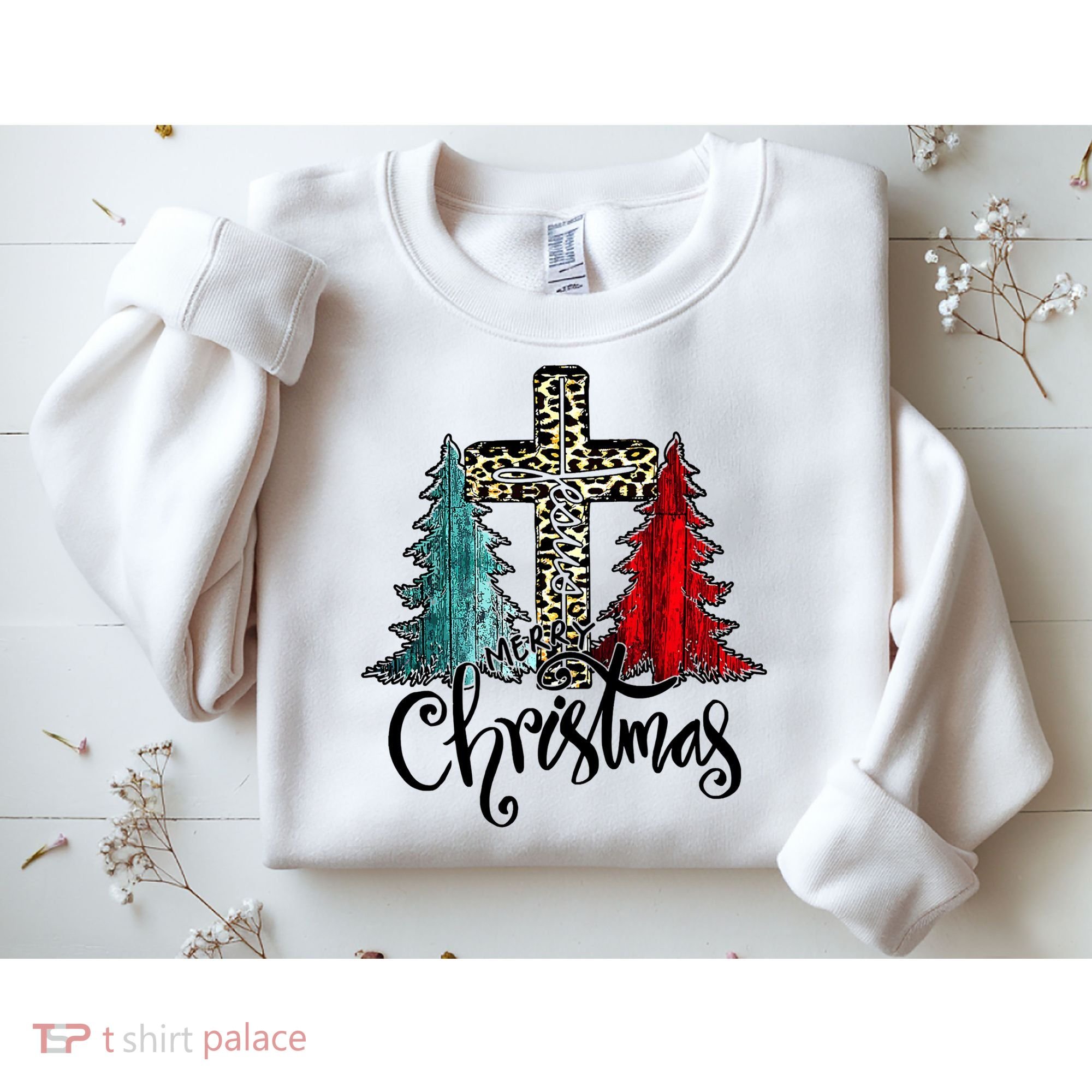 Christian Funny Merry Christmas Tree Jesus Cross Cheetah Sweatshirt