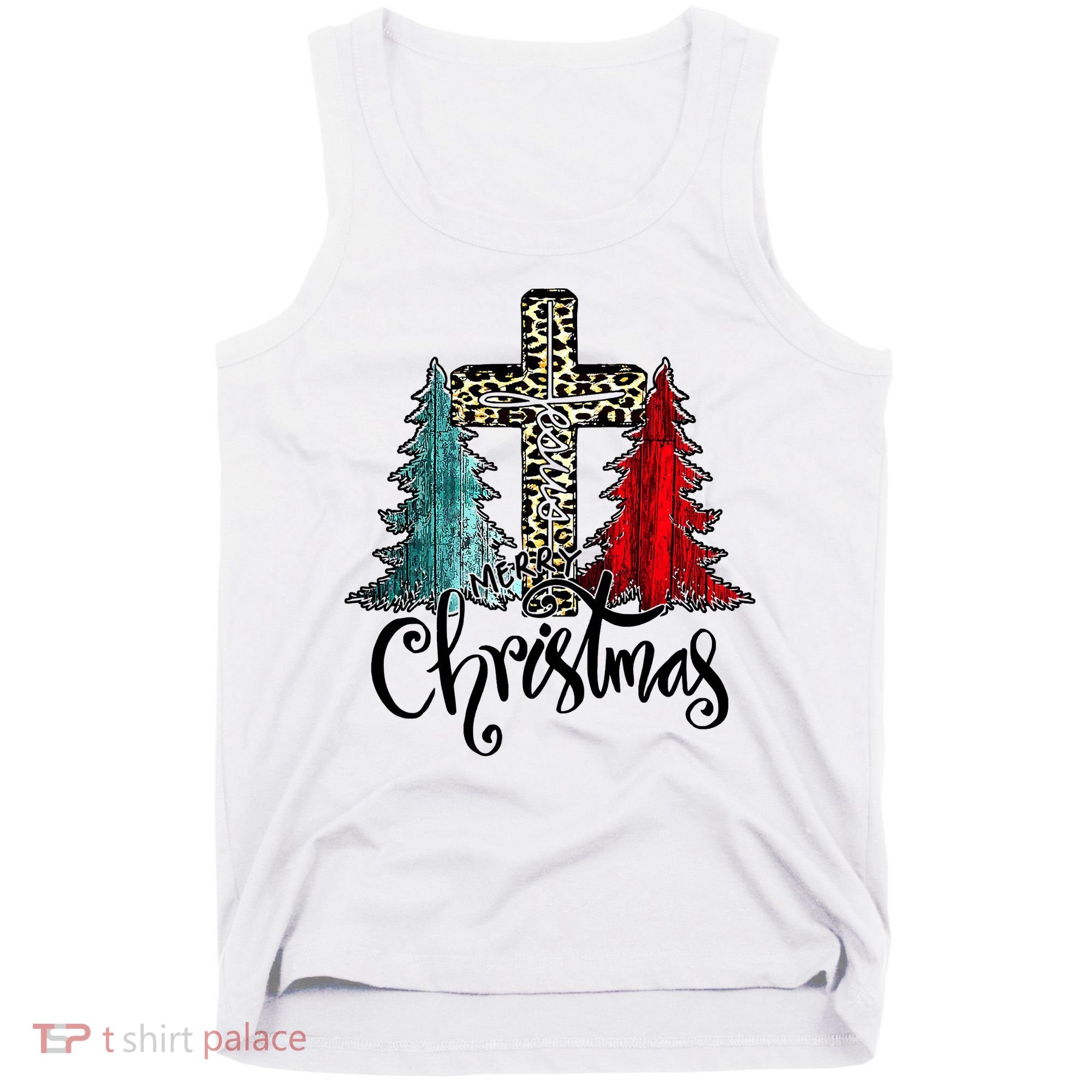 Christian Funny Merry Christmas Tree Jesus Cross Cheetah Tank Top