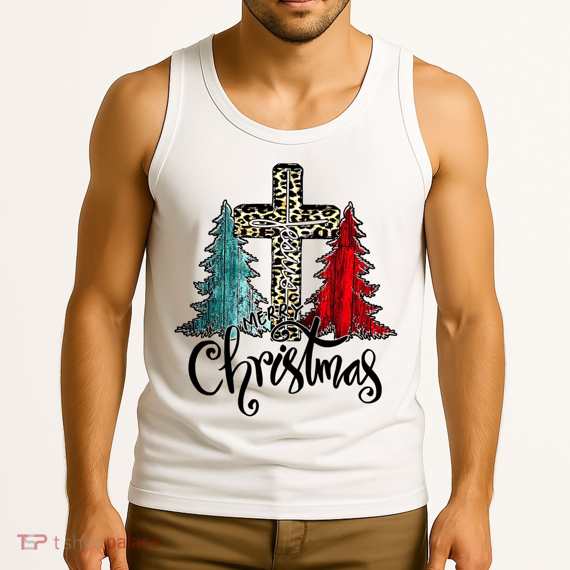 Christian Funny Merry Christmas Tree Jesus Cross Cheetah Tank Top