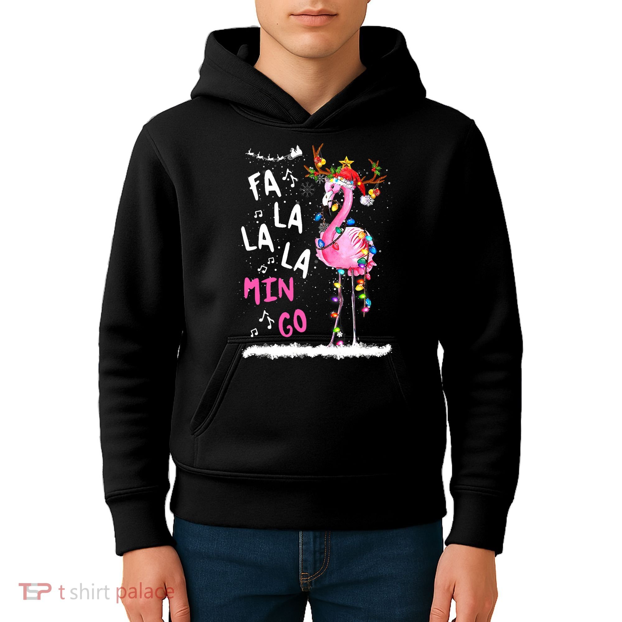Christmas Fa-La-La Mingo Flamingo With Christmas Lights Kids Hoodie