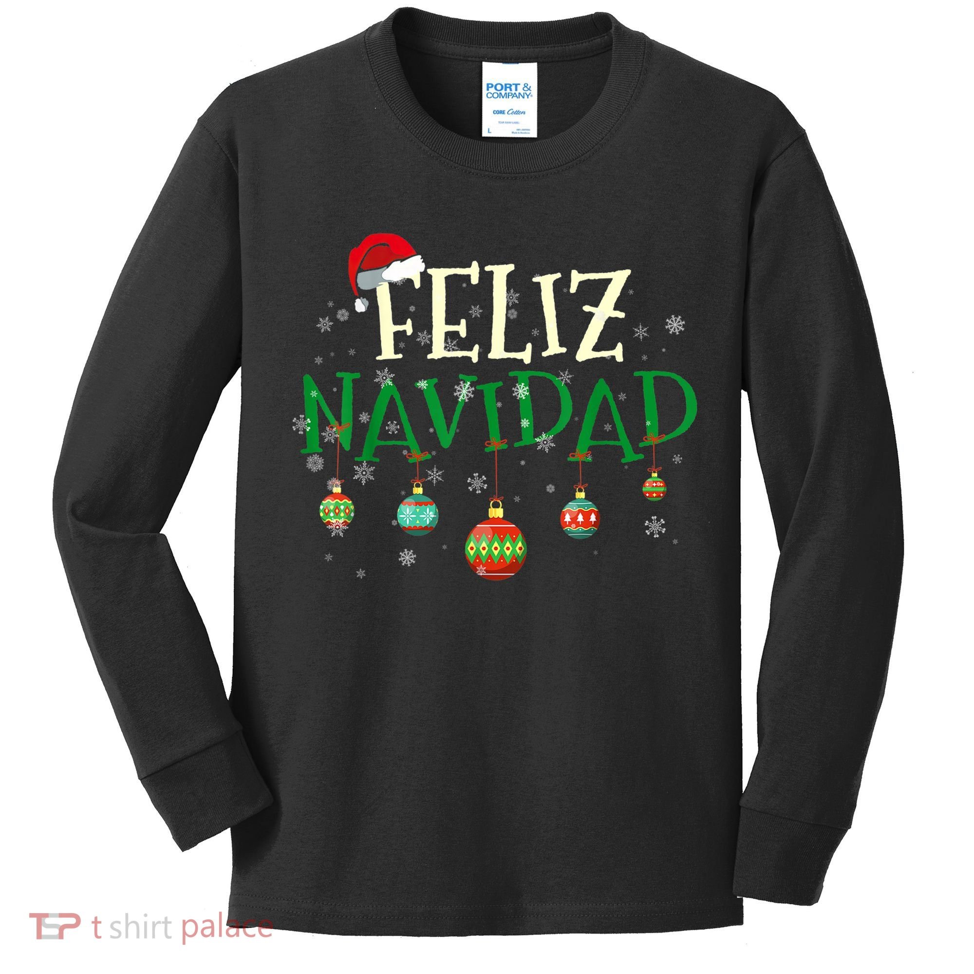 Christmas Feliz Navidad Santa Hat TShirt Kids Long Sleeve Shirt