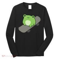 Cute Frog On Skateboard Kawaii Aesthetic Frog Long Sleeve Shirt thumb 0