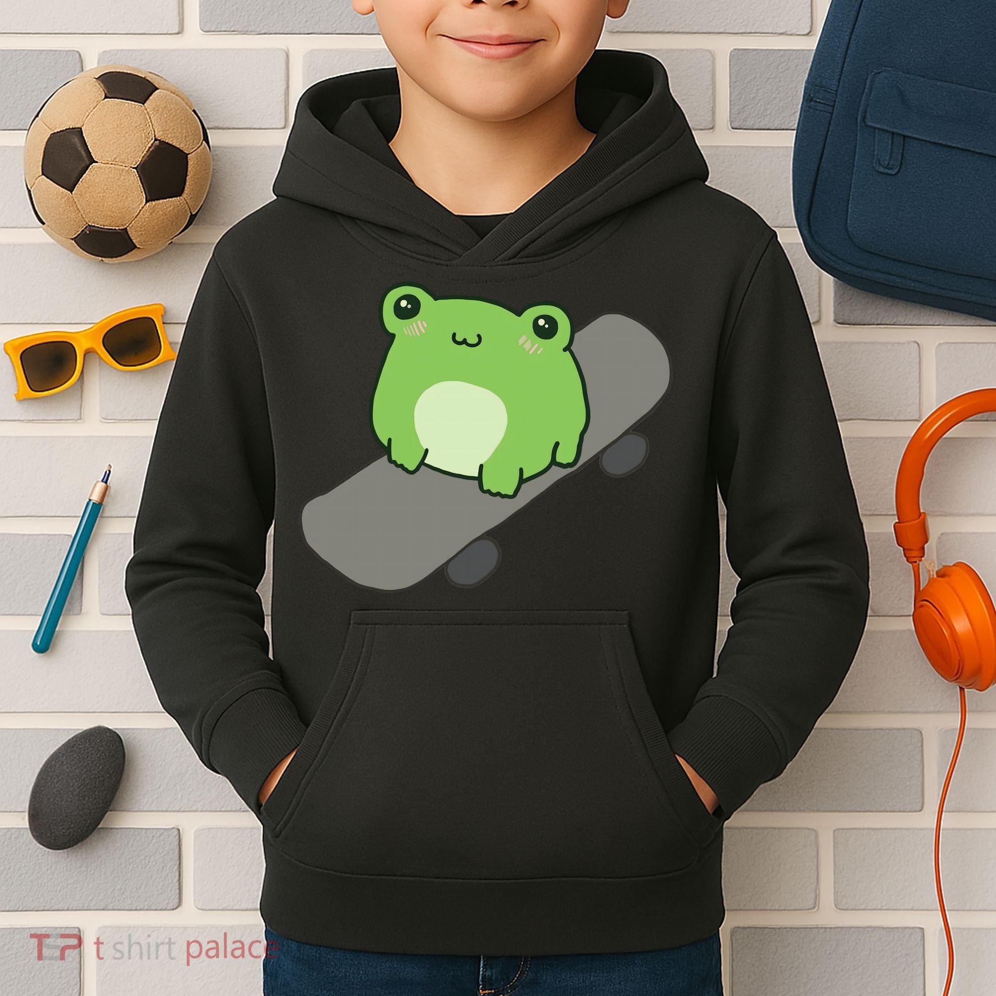 Cute Frog On Skateboard Kawaii Aesthetic Frog Kids Hoodie