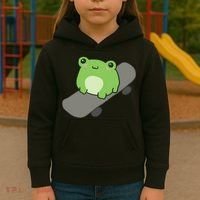 Cute Frog On Skateboard Kawaii Aesthetic Frog Kids Hoodie thumb 3