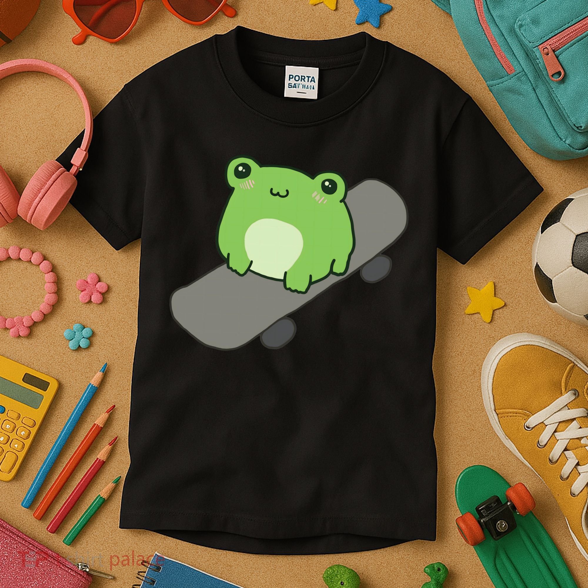 Cute Frog On Skateboard Kawaii Aesthetic Frog Kids T-Shirt