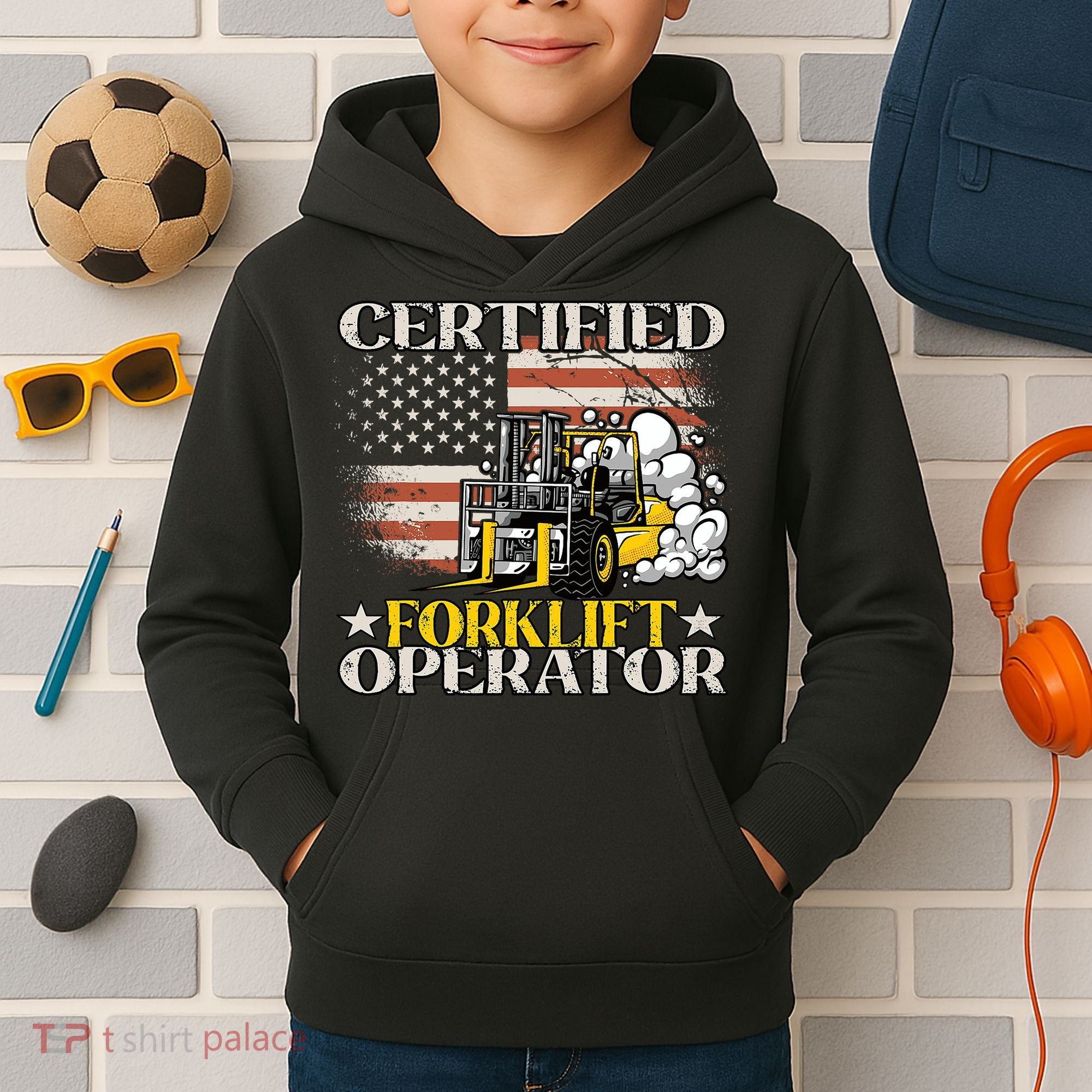 Certified Forklift Operator Forklift Driver US Flag Kids Hoodie