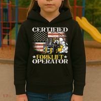 Certified Forklift Operator Forklift Driver US Flag Kids Hoodie thumb 3