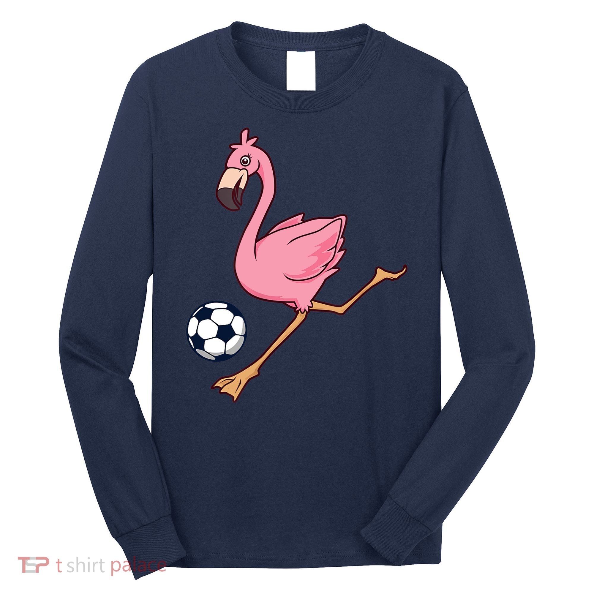 Cartoon Flamingo Playing Soccer Long Sleeve Shirt
