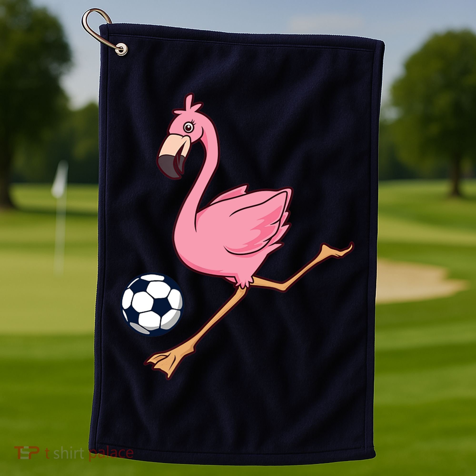 Cartoon Flamingo Playing Soccer Golf Towel