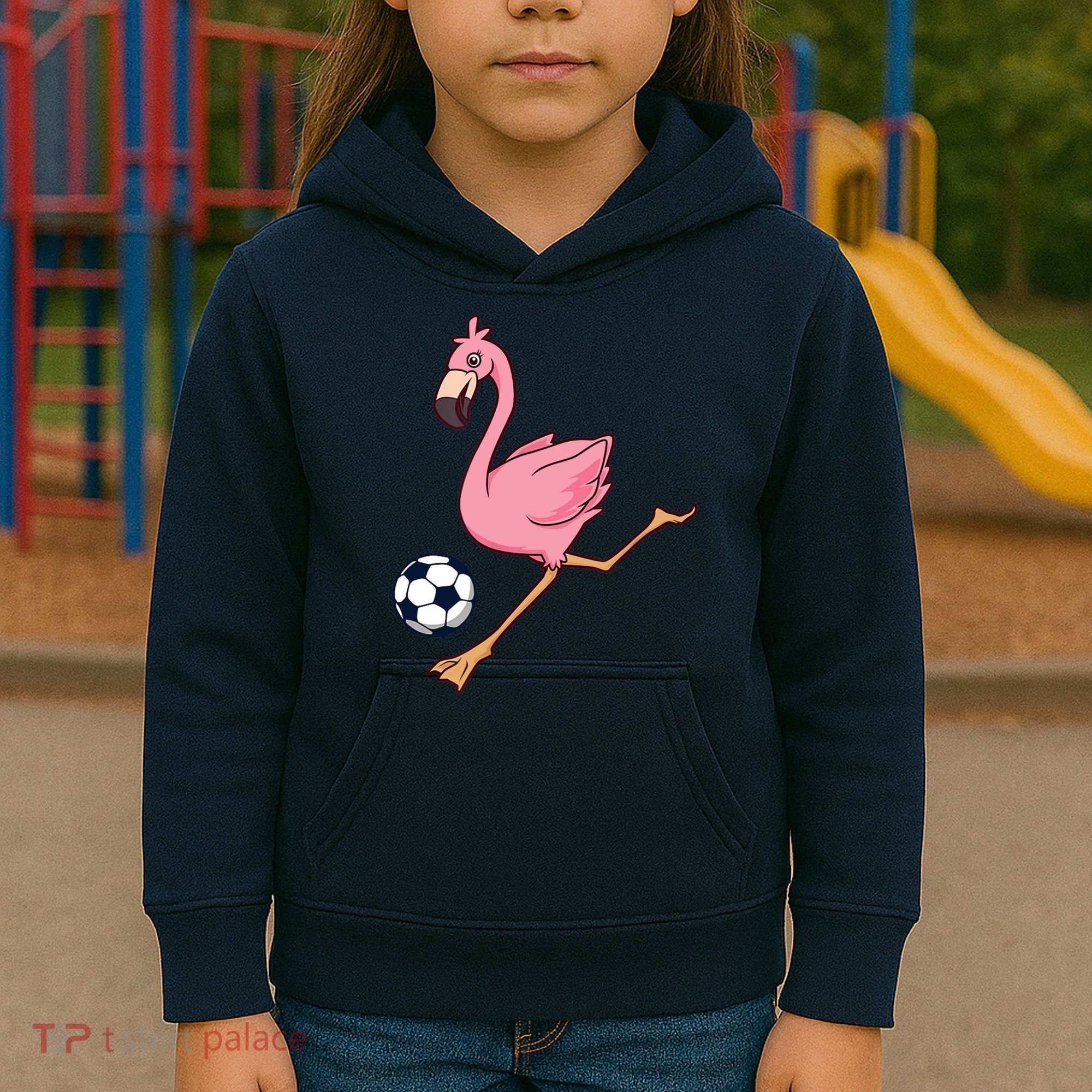 Cartoon Flamingo Playing Soccer Kids Hoodie