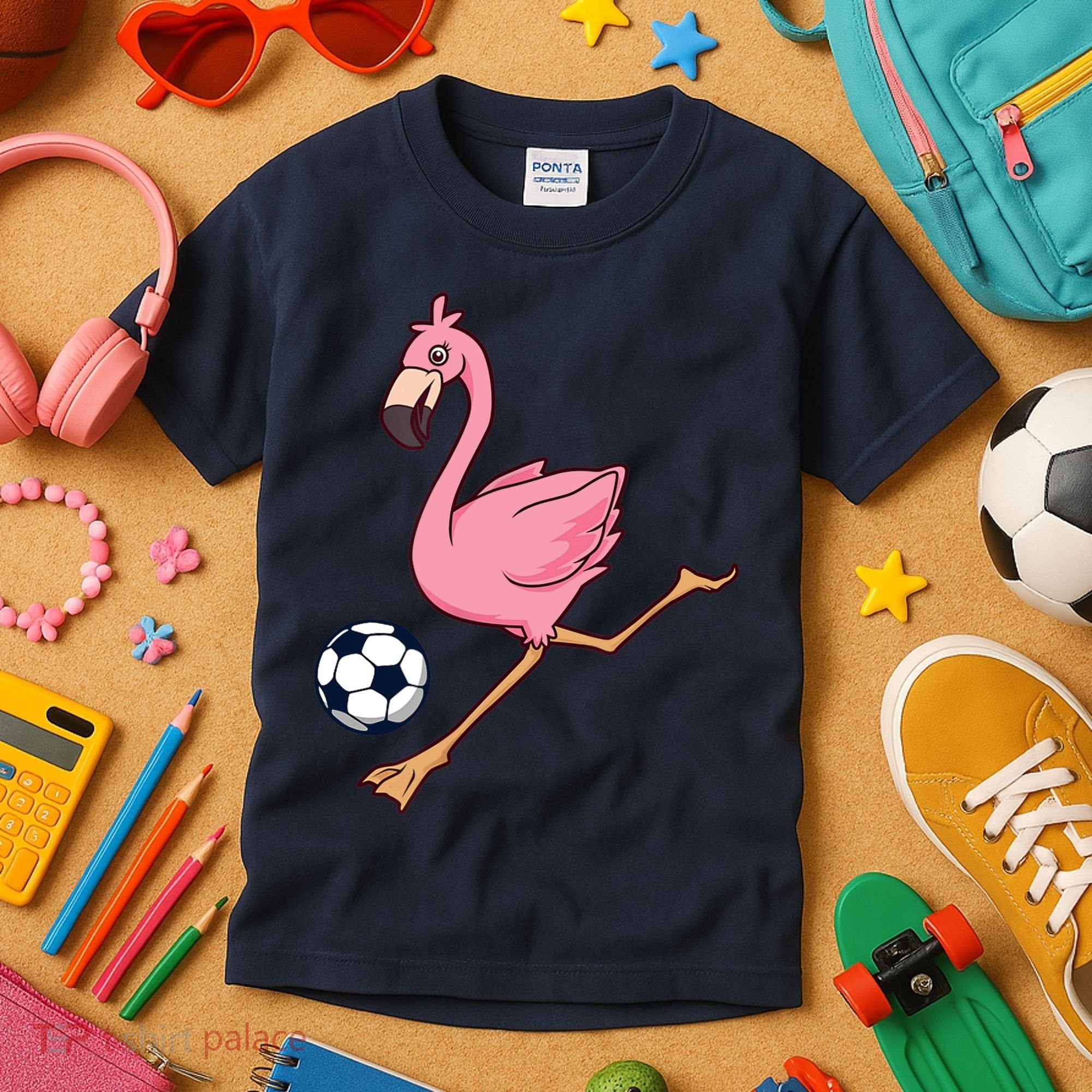 Cartoon Flamingo Playing Soccer Kids T-Shirt