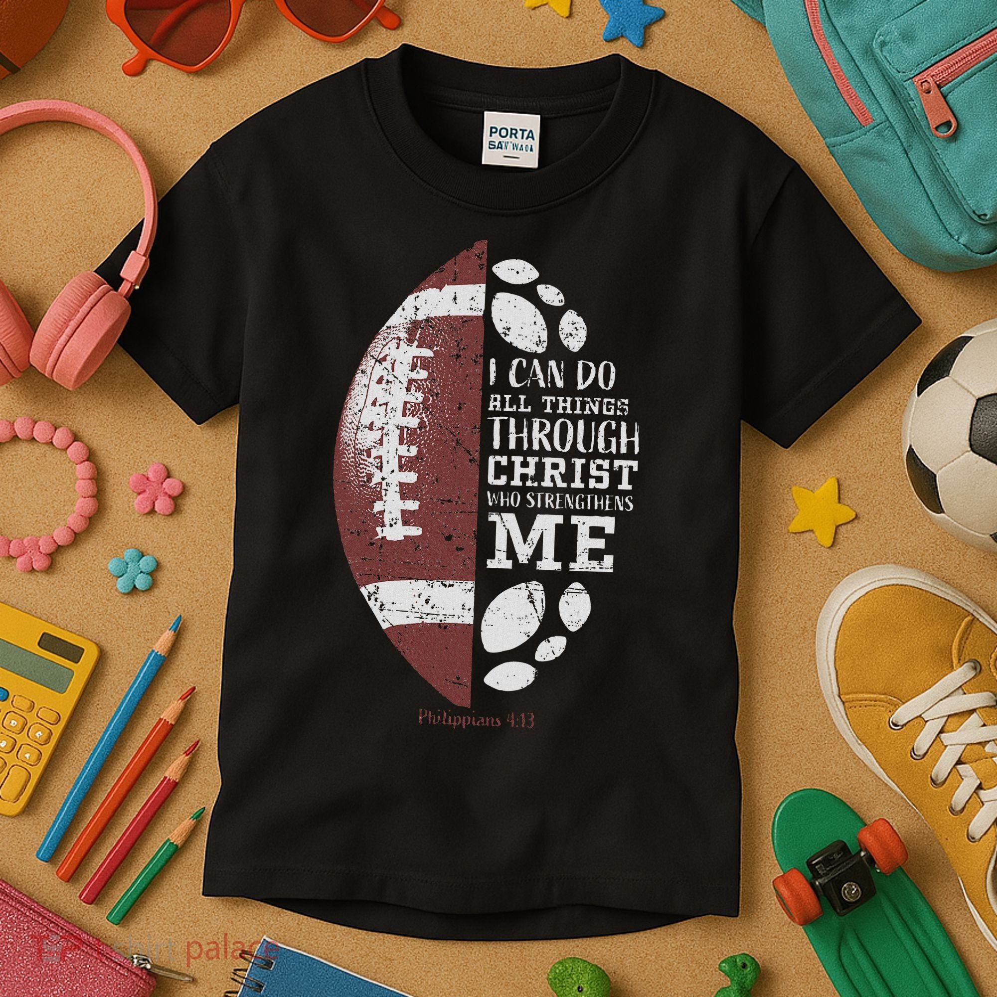 Christian Football Philippians 413 Religious Verse Faith Kids T-Shirt