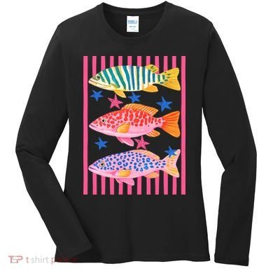 Colors Fish Retro Striped Summer Beach Life Vacation Women's Long Sleeve Shirt