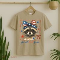 Coquette Funny Raccoon 4th Of July Patriotic Feral But Free T-Shirt thumb 2