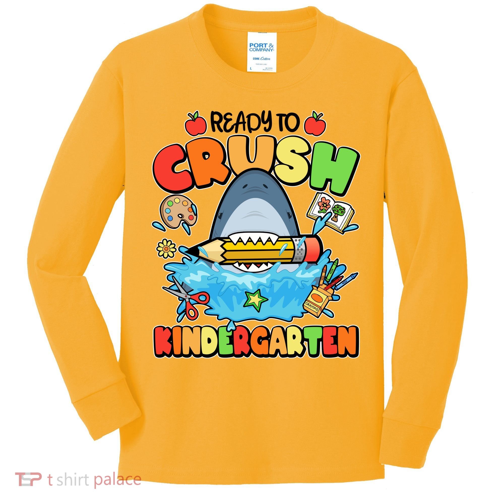 Cute Funny Ready To Crush Kindergarten School Shark Kids Long Sleeve Shirt