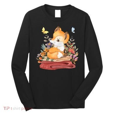 Cute Floral Restful Fox Butterfly Long Sleeve Shirt