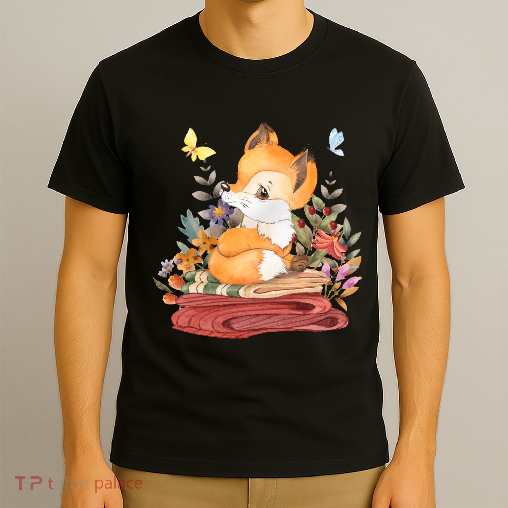 Cute Floral Restful Fox Butterfly T-Shirt