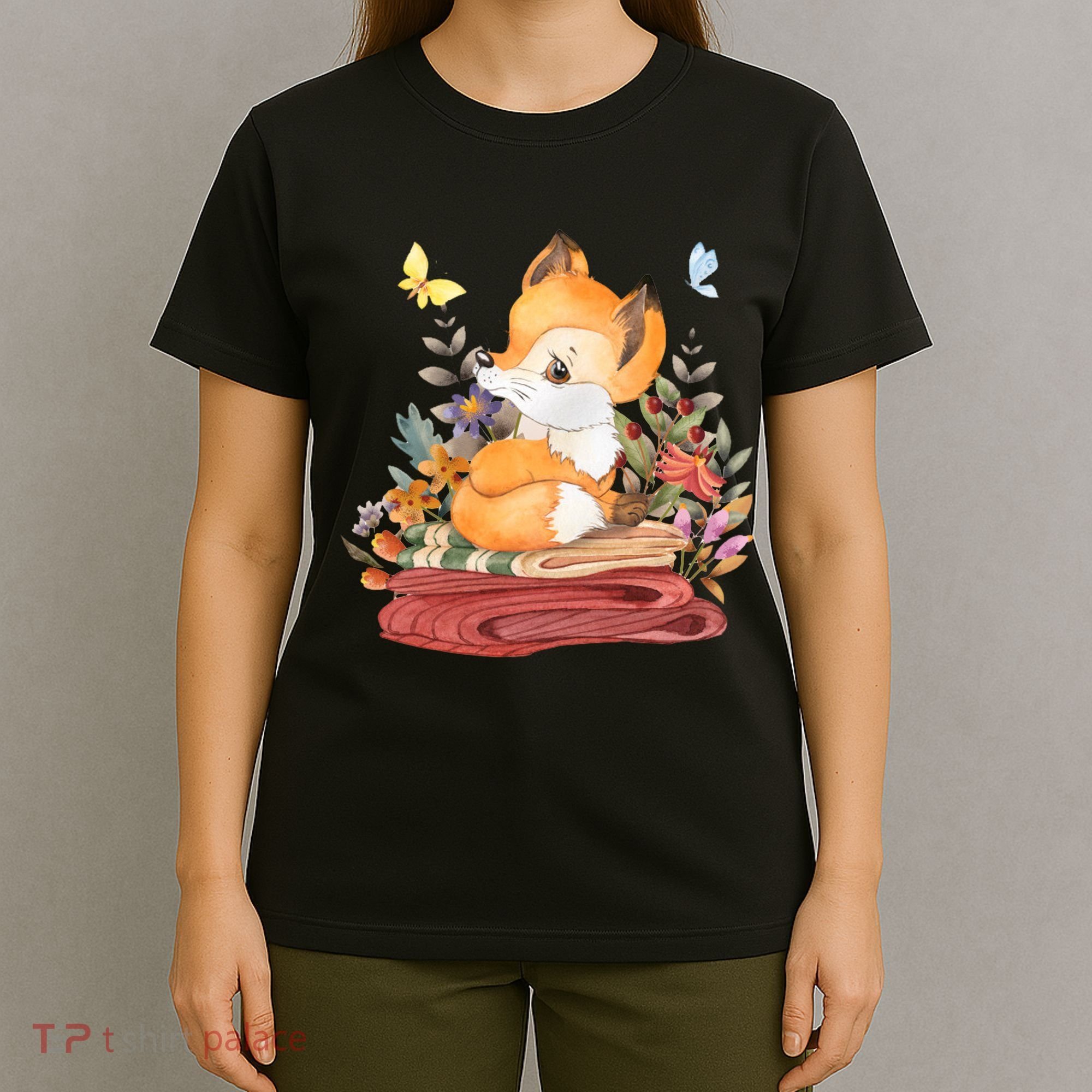 Cute Floral Restful Fox Butterfly T-Shirt