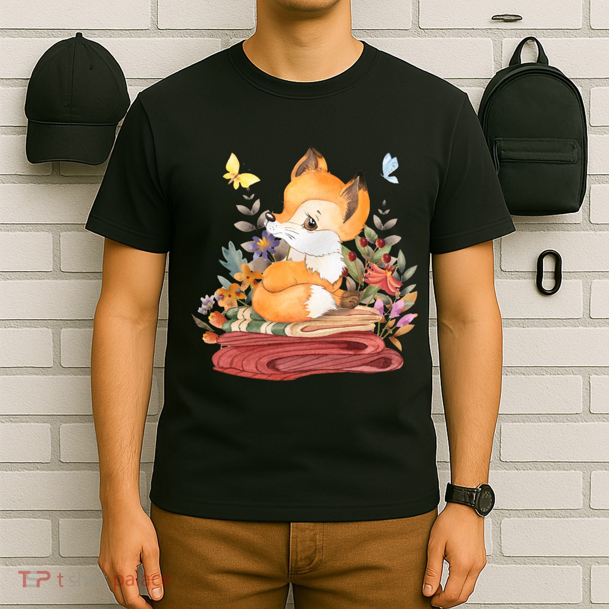 Cute Floral Restful Fox Butterfly T-Shirt