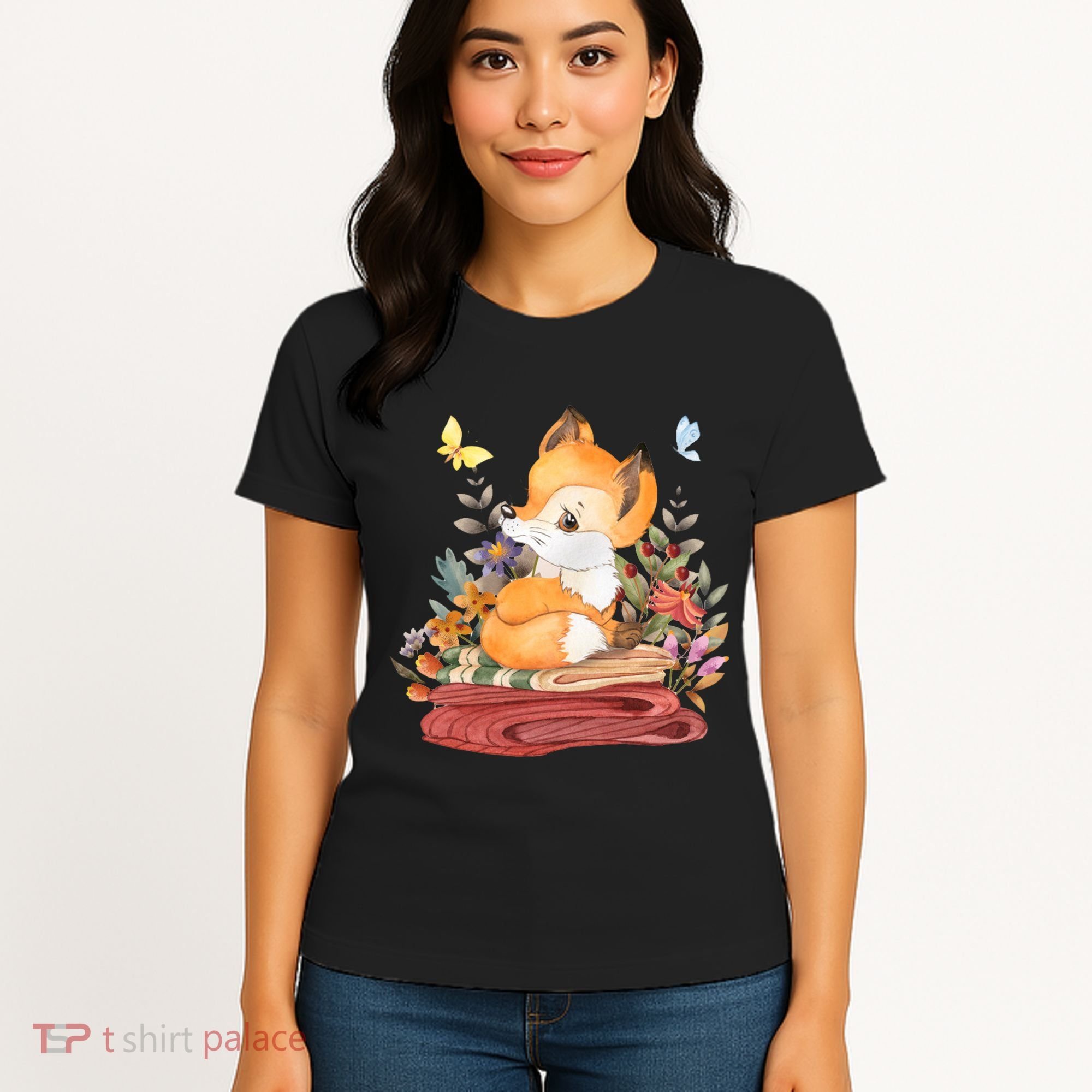 Cute Floral Restful Fox Butterfly Women's T-Shirt