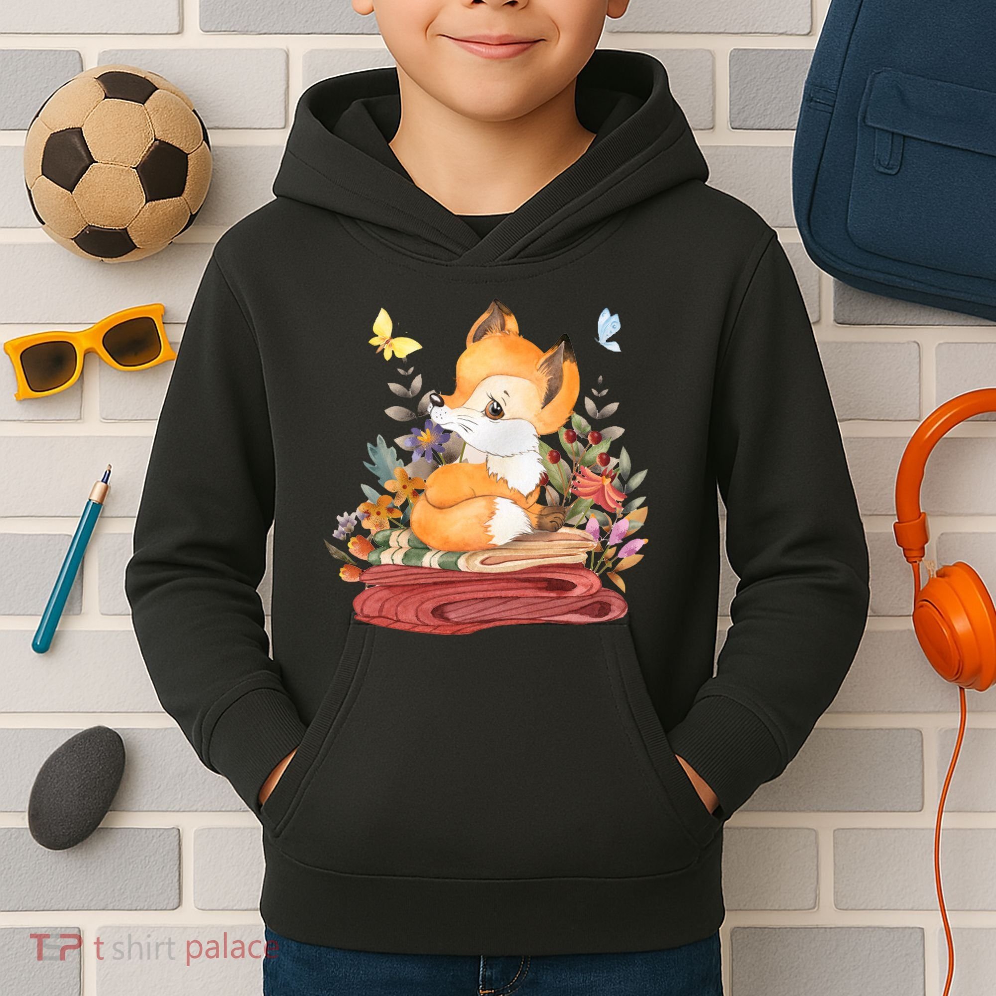 Cute Floral Restful Fox Butterfly Kids Hoodie