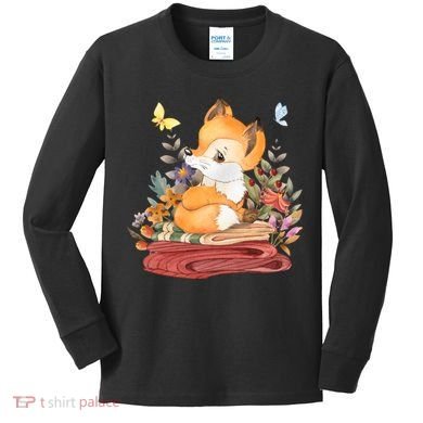 Cute Floral Restful Fox Butterfly Kids Long Sleeve Shirt