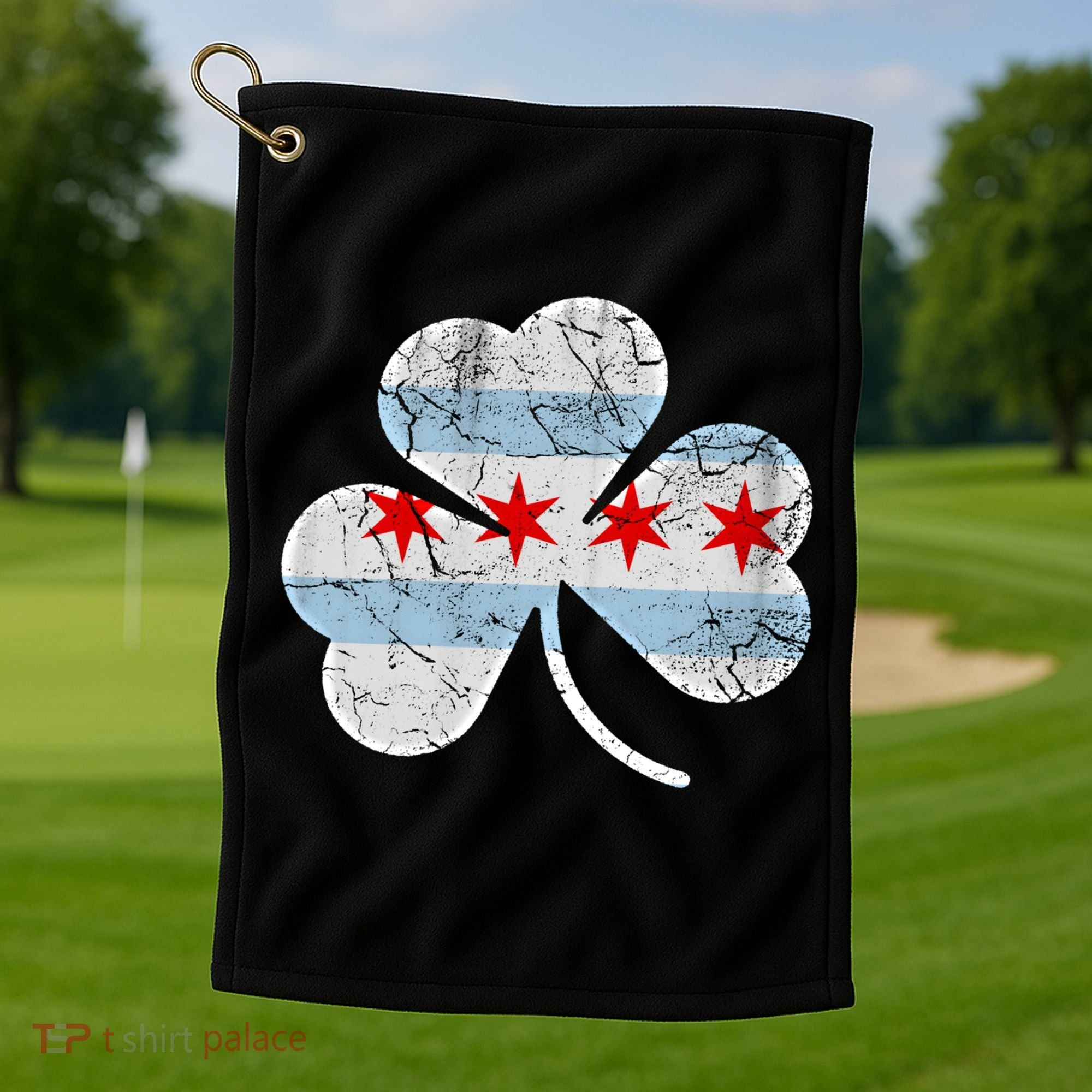 Chicago Flag Shamrock Irish St Patricks Day Family Funny Gift Golf Towel