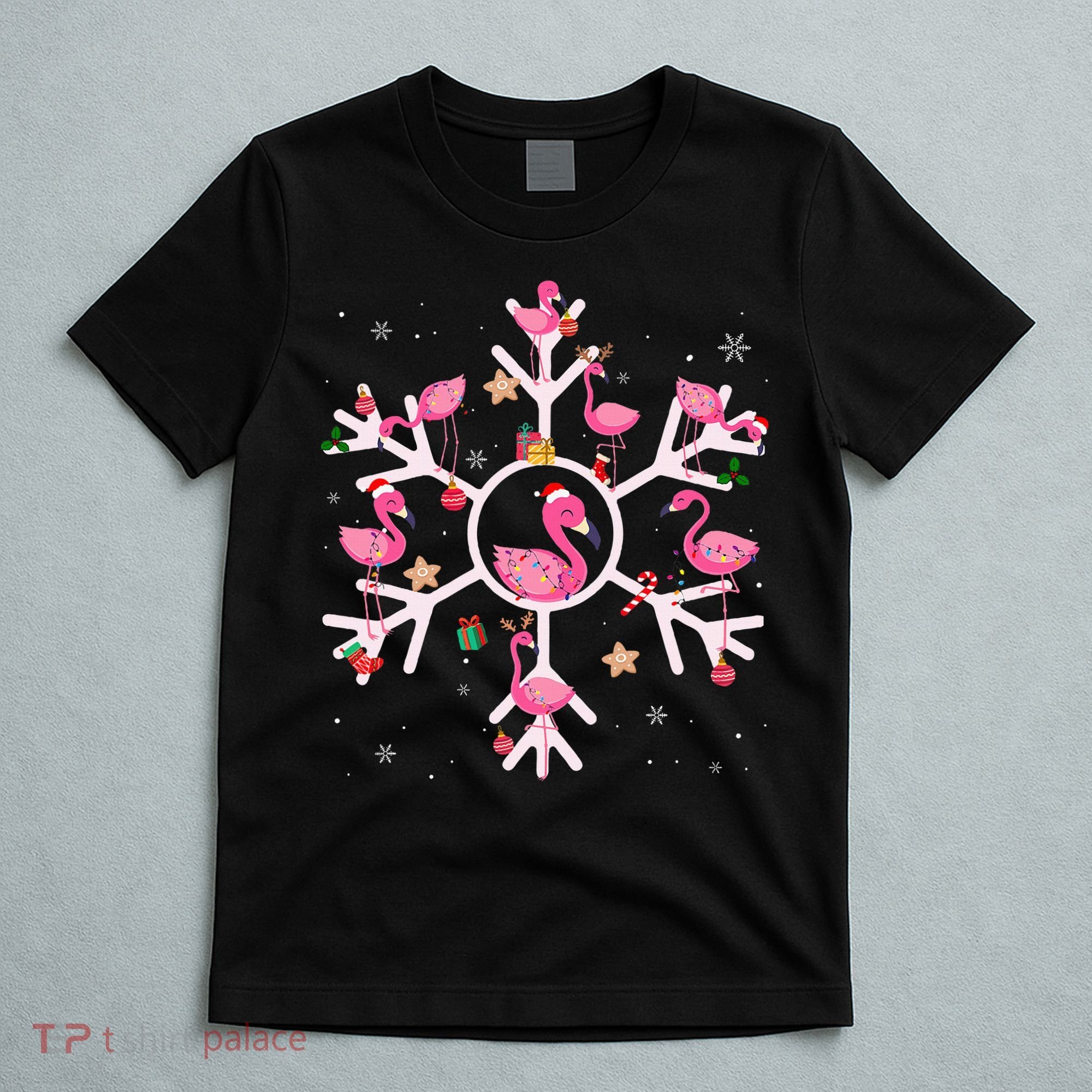 Christmas Flamingo Santa Hat Xmas Lights Flamingo Snowflakes T-Shirt