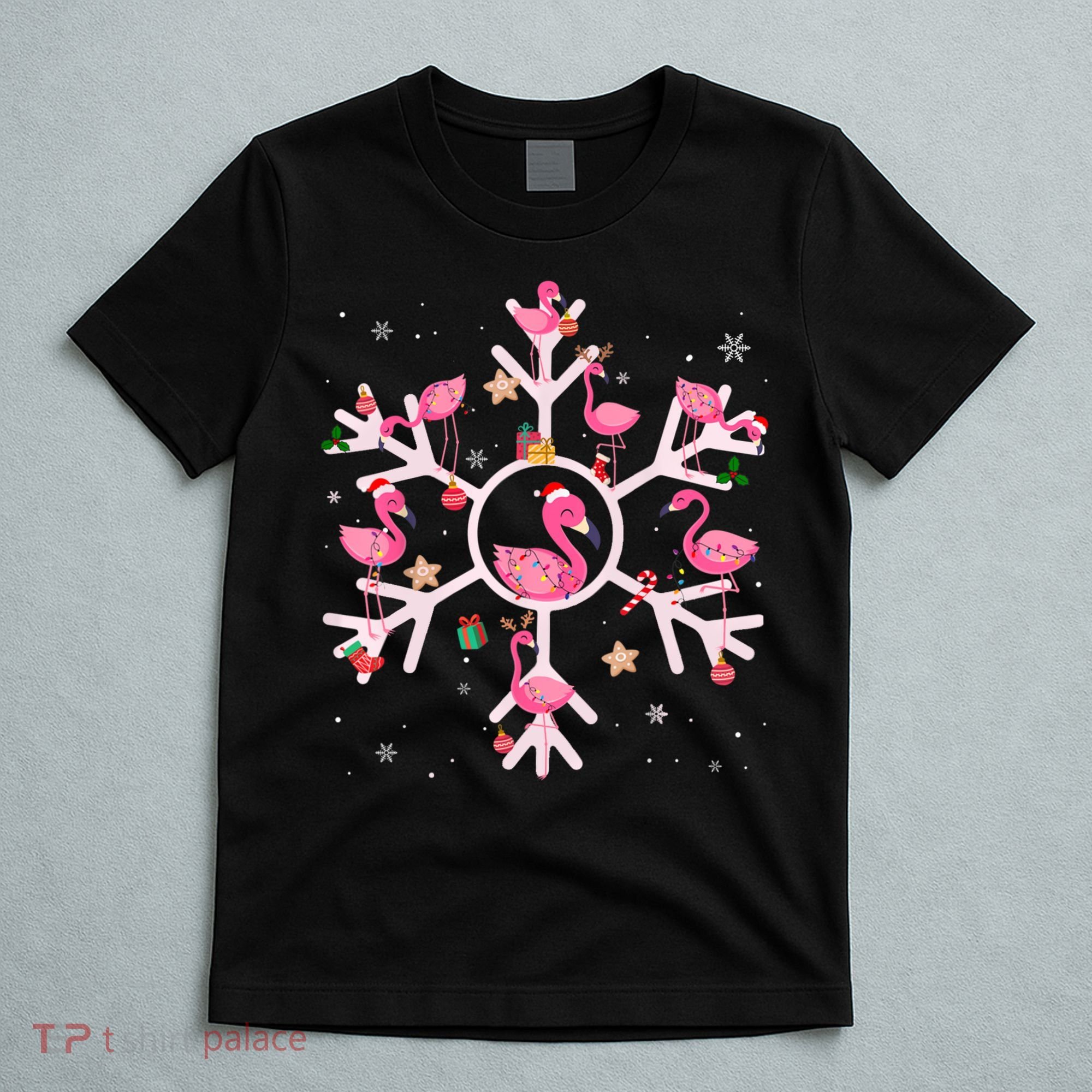 Christmas Flamingo Santa Hat Xmas Lights Flamingo Snowflakes T-Shirt