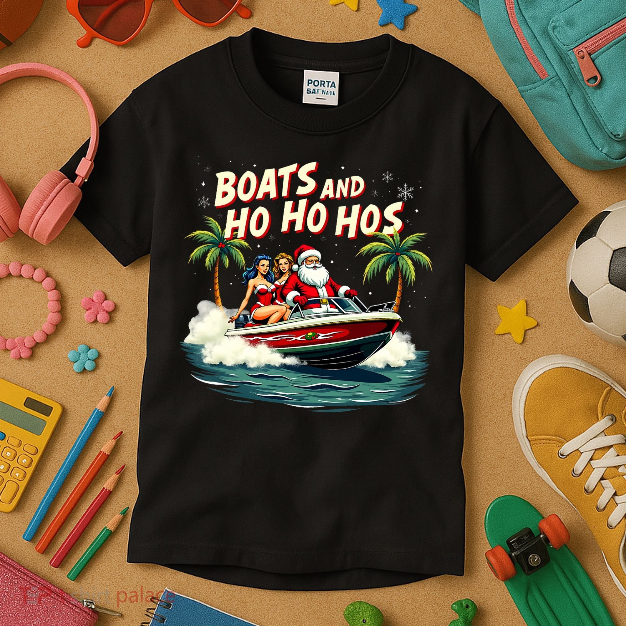 Christmas Funny Santa Boats And Ho Ho Hos Kids T-Shirt