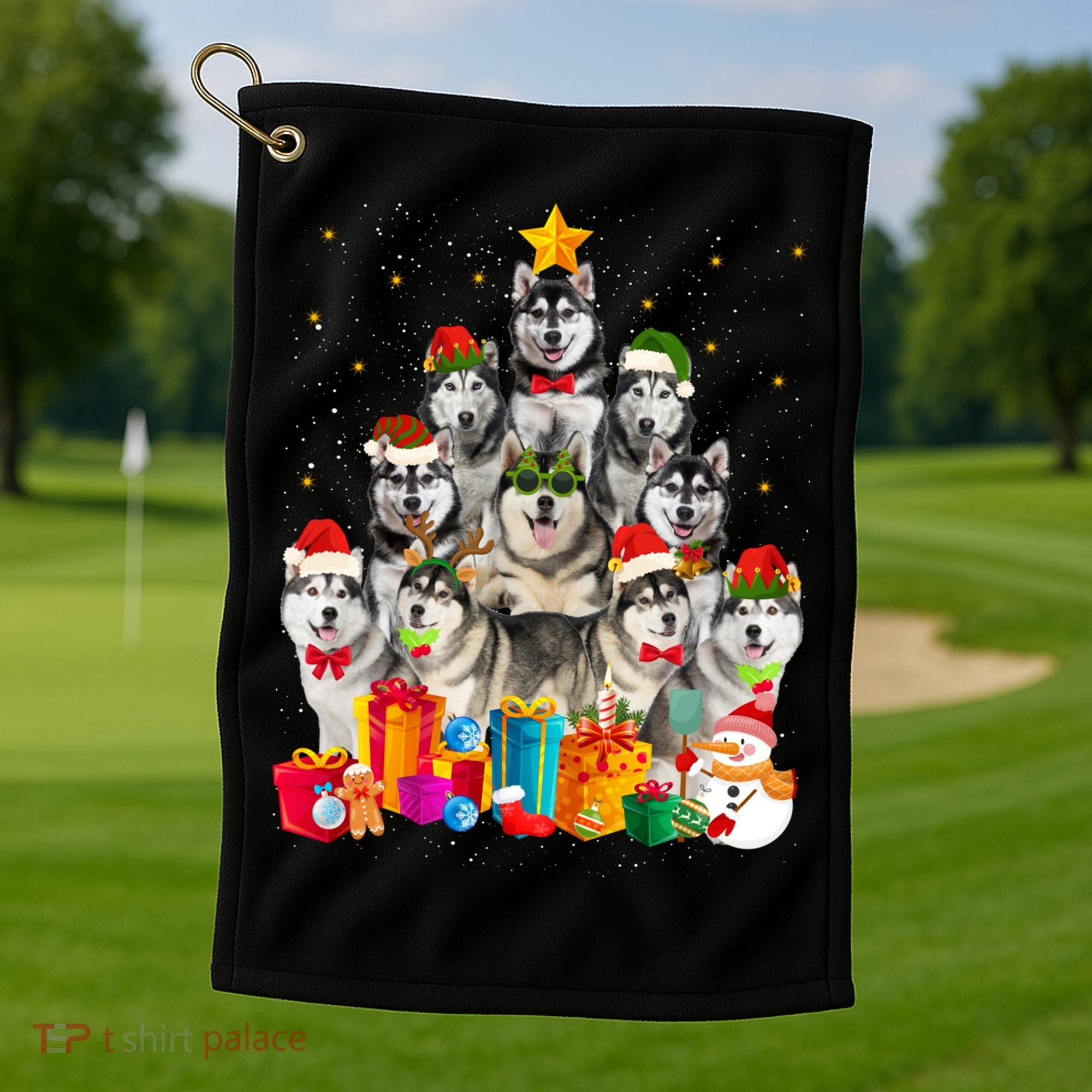 Christmas Funny Siberian Husky Dog Tree Xmas Pet Dog Lover Meaningful Gift Golf Towel