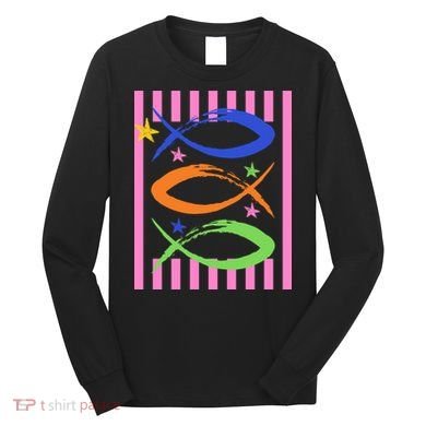 Christian Fish Symbol Striped Retro Long Sleeve Shirt