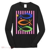 Christian Fish Symbol Striped Retro Long Sleeve Shirt thumb 0